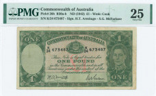 AUSTRALIA: 1 Pound (ND 1942) in dark green on multicolor unpt with portrait of King George VI at right. WMK: Captain Cook. S/N: "K/24 673487". Variety...