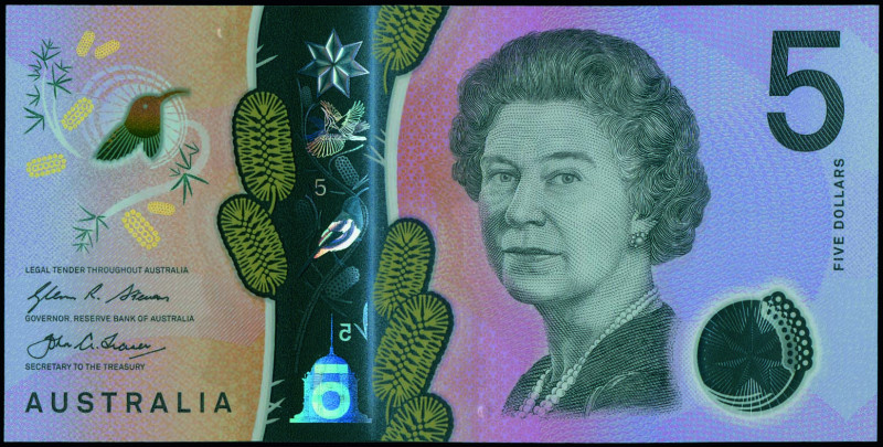 AUSTRALIA: 2x 5 Dollars (2016) in yellow, pink and violet with Queen Elizabeth I...