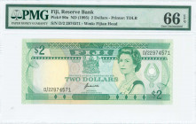 FIJI: 2 Dollars (ND 1995) in green on multicolor unpt with Queen Elizabeth II at right and Arms at upper center. S/N: "D/22 974571". WMK: Fijian head....