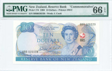 NEW ZEALAND: 10 Dollars (1990) in blue-violet and pale blue on multicolor unpt with mature portrait of Queen Elizabeth II with addition of 1990 Commis...