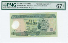 SOLOMON ISLANDS: 2 Dollars (2001) commemorating issue for the 25th Anniversary of the Bank in dark and light green on multicolor unpt with Coat of Arm...
