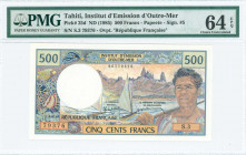 TAHITI: 500 Francs (ND 1985) in blue and multicolor with fisherman at right. S/N: "S.3 79376". Black ovpt "REPUBLIQUE FRANCAISE" at bottom left. WMK: ...