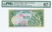 WESTERN SAMOA: 1 Tala (ND 1980) in dark green on multicolor unpt with two weavers at right and national flag at center left. S/N: "A 003673". WMK: Tan...