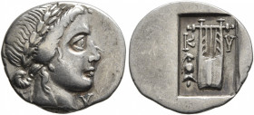 LYCIAN LEAGUE. Early 30s BC. Hemidrachm (Silver, 16 mm, 1.54 g, 11 h), Kyaneai. [K]-Y Laureate head of Apollo to right. Rev. K-Y Kithara; to left, hel...