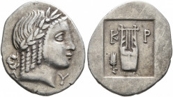 LYCIAN LEAGUE. Circa 30-27 BC. Hemidrachm (Silver, 18 mm, 1.74 g, 11 h), Kragos. Λ-Υ Laureate head of Apollo to right. Rev. K-Ρ Kithara; to left, grai...