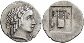 LYCIAN LEAGUE. Circa 30-27 BC. Hemidrachm (Silver, 17 mm, 1.90 g, 12 h), Kragos. Λ-Υ Laureate head of Apollo to right. Rev. K-Ρ Kithara; to left, grai...