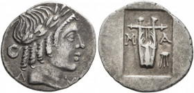 LYCIAN LEAGUE. Circa 27-23 BC. Hemidrachm (Silver, 17 mm, 1.65 g, 12 h), Masikytes. Λ-Y Laureate head of Apollo to right. Rev. M-A Kithara; to right, ...