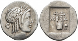 LYCIAN LEAGUE. Circa 27-23 BC. Hemidrachm (Silver, 17 mm, 1.81 g, 12 h), Masikytes. Λ-Y Laureate head of Apollo to right. Rev. M-A Kithara; to right, ...
