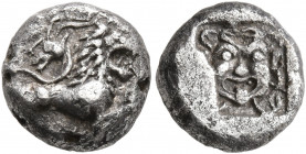 WESTERN ASIA MINOR, Uncertain. 5th century BC. Hemidrachm (Silver, 10 mm, 2.06 g, 10 h). Chimaira standing right. Rev. Facing gorgoneion with protrudi...