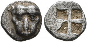 WESTERN ASIA MINOR, Uncertain. 5th century BC. Obol (Silver, 8 mm, 0.63 g). Facing head of a lion. Rev. Quadripartite incuse square. SNG Kayhan 1573. ...