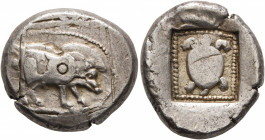 DYNASTS OF LYCIA. Uncertain dynast, circa 470-440 BC. Stater (Silver, 21 mm, 9.38 g, 3 h). Boar standing right. Rev. Tortoise within dotted square wit...