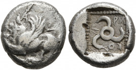 DYNASTS OF LYCIA. Kuprilli, circa 470/60-440/35 BC. Trihemiobol (?) (Silver, 10 mm, 1.06 g). Winged lion jumping left; above, A (?). Rev. &#66187;&#66...