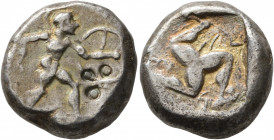 PAMPHYLIA. Aspendos. Circa 465-430 BC. Stater (Silver, 19 mm, 10.61 g). Hoplite advancing right, holding spear in his right hand and shield with his l...