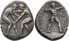 PAMPHYLIA. Aspendos. Circa 415/0-400 BC. Stater (Silver, 25 mm, 10.74 g, 12 h). Two nude wrestlers, standing and grappling with each other. Rev. ΕΣΤFΕ...