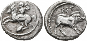 PAMPHYLIA. Aspendos. Circa 420-360 BC. Drachm (Silver, 19 mm, 5.12 g, 11 h). Warrior on horseback to left, holding reins in his left hand and brandish...