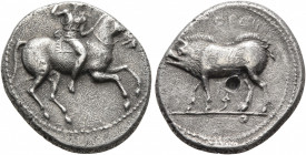 PAMPHYLIA. Aspendos. Circa 420-360 BC. Drachm (Silver, 19 mm, 5.17 g, 7 h). Warrior on horseback to right, holding reins in his left hand and brandish...