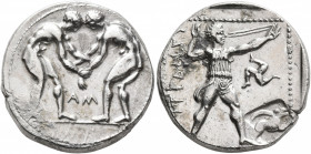 PAMPHYLIA. Aspendos. Circa 380/75-330/25 BC. Stater (Silver, 22 mm, 10.77 g, 12 h). Two nude wrestlers, standing and grappling with each other; betwee...
