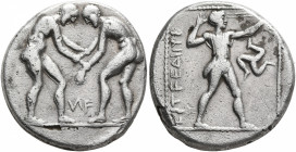 PAMPHYLIA. Aspendos. Circa 380/75-330/25 BC. Stater (Silver, 22 mm, 8.80 g, 12 h). Two nude wrestlers, standing and grappling with each other; between...