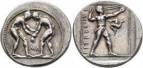 PAMPHYLIA. Aspendos. Circa 380/75-330/25 BC. Stater (Silver, 24 mm, 10.80 g, 6 h). Two nude wrestlers, standing and grappling with each other; between...