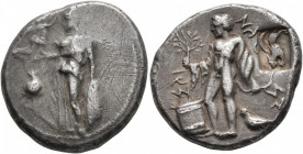PAMPHYLIA. Side. Circa 400-380 BC. Stater (Silver, 23 mm, 10.51 g, 9 h). Athena standing left, holding owl in her right hand and shield with her left;...