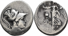 PAMPHYLIA. Side. Tetradrachm (Silver, 30 mm, 16.58 g, 12 h), Ste..., magistrate. Head of Athena to right, wearing crested Corinthian helmet; on helmet...