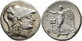 PAMPHYLIA. Side. Mid 1st century BC. Tetradrachm (Silver, 28 mm, 16.43 g, 12 h), Kleuch..., magistrate. Head of Athena to right, wearing crested Corin...