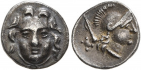 PISIDIA. Selge. Circa 250-190 BC. Obol (Silver, 11 mm, 0.95 g, 1 h). Facing gorgoneion. Rev. Head of Athena to right, wearing crested Attic helmet; be...