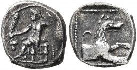 LYCAONIA. Laranda. Circa 324/3 BC. Obol (Silver, 11 mm, 0.64 g, 2 h). Baaltars seated left, holding grain ear and grape bunch in his right hand and sc...