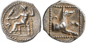 LYCAONIA. Laranda. Circa 324/3 BC. Obol (Silver, 11 mm, 0.76 g, 8 h). Baaltars seated left, holding grain ear and grape bunch in his right hand and sc...