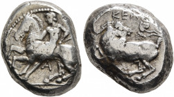 CILICIA. Kelenderis. Circa 430-420 BC. Stater (Silver, 20 mm, 10.77 g, 3 h). Youthful nude rider seated sideways on horse prancing to left, preparing ...