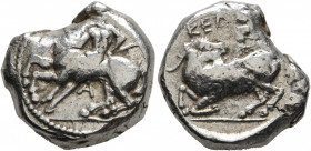 CILICIA. Kelenderis. Circa 430-420 BC. Stater (Silver, 19 mm, 10.78 g, 11 h). Youthful nude rider seated sideways on horse prancing to left, preparing...