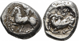 CILICIA. Kelenderis. Circa 430-420 BC. Stater (Silver, 21 mm, 10.78 g, 8 h). Youthful nude rider seated sideways on horse prancing to left, preparing ...