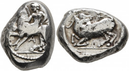 CILICIA. Kelenderis. Circa 430-420 BC. Stater (Silver, 21 mm, 10.71 g, 9 h). Youthful nude rider seated sideways on horse prancing to left, preparing ...
