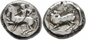 CILICIA. Kelenderis. Circa 430-420 BC. Stater (Silver, 20 mm, 10.74 g, 11 h). Youthful nude rider seated sideways on horse prancing to left, preparing...