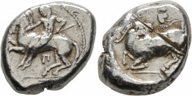 CILICIA. Kelenderis. Circa 430-420 BC. Stater (Silver, 21 mm, 10.94 g, 9 h). Youthful nude rider seated sideways on horse prancing to left, preparing ...