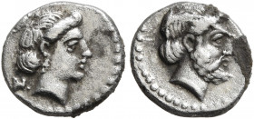 CILICIA. Nagidos. Circa 400-380 BC. Obol (Silver, 10 mm, 0.70 g, 6 h). Head of Aphrodite to right; behind, N. Rev. Head of Dionysos to right; before, ...
