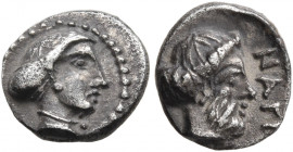 CILICIA. Nagidos. Circa 400-380 BC. Obol (Silver, 9 mm, 0.78 g, 10 h). Head of Aphrodite to right, hair bound in sphendone. Rev. ΝΑΓΙ Bearded head of ...