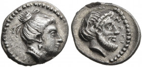 CILICIA. Nagidos. 4th century BC. Obol (Silver, 10 mm, 0.70 g, 6 h). Head of Aphrodite to right. Rev. ΝΑΓI Laureate and bearded head of Dionysos to ri...