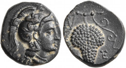 CILICIA. Soloi. Circa 350-300 BC. AE (Bronze, 13 mm, 1.92 g, 1 h). Head of Athena to right, wearing crested Attic helmet. Rev. [ΣΟΛ]Ε Grape bunch with...