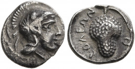 CILICIA. Soloi. Circa 350-330 BC. Obol (Silver, 9 mm, 0.65 g, 8 h). Head of Athena to right, wearing crested Attic helmet. Rev. ΣΟΛΕΩΝ Grape bunch on ...