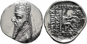 KINGS OF PARTHIA. Mithradates II, 121-91 BC. Drachm (Silver, 22 mm, 4.00 g, 1 h), Rhagai. Diademed and draped bust of Mithradates III to left, wearing...