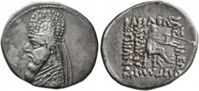 KINGS OF PARTHIA. Mithradates II, 121-91 BC. Drachm (Silver, 20 mm, 4.13 g, 12 h), Rhagai, circa 96/5-93/2. Diademed and draped bust of Mithradates II...