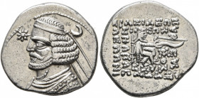 KINGS OF PARTHIA. Orodes II, circa 57-38 BC. Drachm (Silver, 20 mm, 3.81 g, 1 h), Mithradatkart, circa 50-42. Diademed and draped bust of Orodes II to...