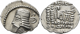 KINGS OF PARTHIA. Vologases I, circa 51-78. Drachm (Silver, 22 mm, 3.78 g, 1 h), Ekbatana, circa 58-77. Diademed and draped bust of Vologases I to lef...