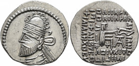 KINGS OF PARTHIA. Pakoros I, circa 78-120. Drachm (Silver, 21 mm, 3.90 g, 1 h), Ekbatana. Diademed and draped bust of Pakoros I to left, wearing tiara...
