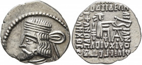 KINGS OF PARTHIA. Vologases III, circa 105-147. Drachm (Silver, 20 mm, 3.78 g, 1 h), Ekbatana. Diademed and draped bust of Vologases III to left. Rev....
