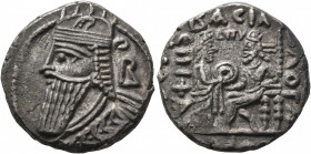 KINGS OF PARTHIA. Vologases IV, circa 147-191. Tetradrachm (Billon, 26 mm, 9.27 g, 12 h), Seleukeia on the Tigris, Dios SE 484 = October 172. Diademed...