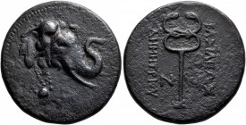 BAKTRIA, Greco-Baktrian Kingdom. Demetrios I, circa 200-185 BC. AE (Bronze, 28 mm, 11.73 g, 11 h), Baktra. Head of an elephant to right, wearing bell ...