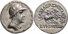 BAKTRIA, Greco-Baktrian Kingdom. Eukratides I, circa 170-145 BC. Tetradrachm (Silver, 31 mm, 17.00 g, 12 h), Baktra or an uncertain mint in the Paropa...