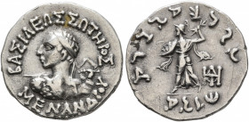 BAKTRIA, Indo-Greek Kingdom. Menander I, circa 165/55-130 BC. Drachm (Silver, 18 mm, 2.44 g, 1 h), Indian standard, uncertain mint in Paropamisadai or...